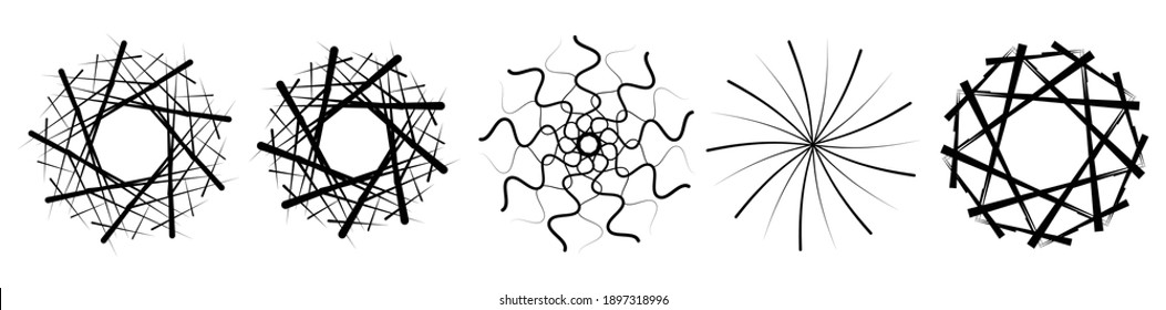 Geometric radial vector design element set. Abstract circular shapes. Radiating mandala, motif set