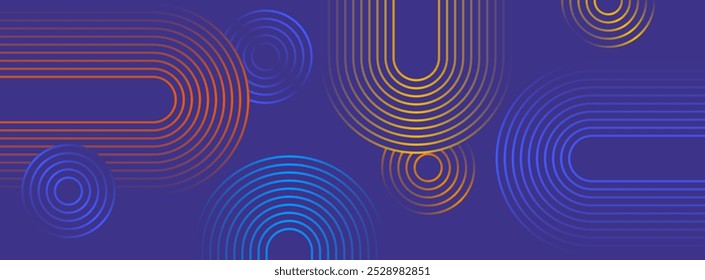 Geometric radiance. Dynamic composition of concentric and oval-shaped lines in vivid shades of blue, orange, and yellow on a deep purple background.