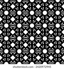 Geometric radiant floral symmetry pattern, seamless black and white background, vector illustration.