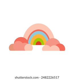 Geometric rainbow icon with soft pastel colors and rounded clouds, ideal for birthday and festive themes. The design features simple shapes in a whimsical style on a white background...