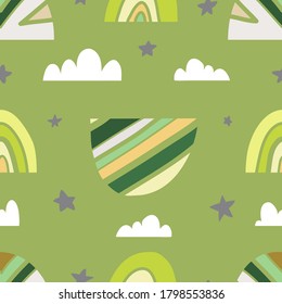 geometric rainbows, clouds, raindrops on a green background. Vector seamless pattern in scandinavian style