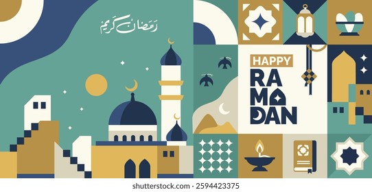 geometric ramadan kareem illustration, refreshing pastel colored ramadan and islamic icons collection, mosque, quran, lantern, bright colored islamic symbols patterns