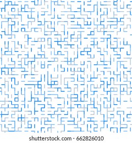 Geometric random lines pattern. Abstract technology background with blue and grey geometric shapes in tessellation on white. Linear abstract lattice, random coloring. Vector seamless linear pattern.