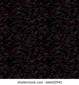 Geometric random lines pattern. Abstract technology dark background with red and grey geometric shapes tessellation on black. Linear abstract lattice, random coloring. Vector seamless linear pattern.