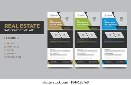 Geometric Real Estate Agent and Construction Business Rack card or Dl flyer template Vector. Creative Real estate rack card. With modern elements.