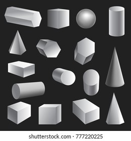 Geometric realistic 3d shapes - cube, pyramid, cone, cylinder, sphere, polyhedron. Vector collection