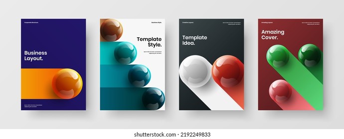Geometric realistic balls pamphlet concept set. Modern book cover A4 vector design template bundle.