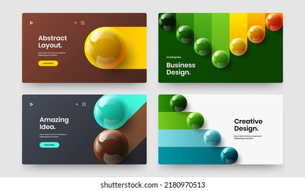 Geometric realistic balls website screen layout collection. Vivid journal cover design vector concept set.