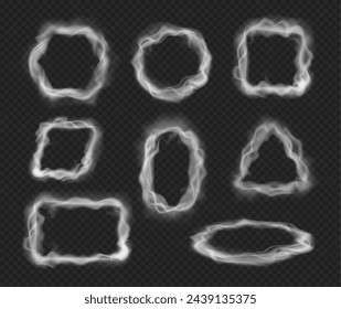 Geometric realistic frames with smoke and vapor. Vector isolated set of smoky borders, squares and triangles, ovals and circles with fog or haze. Puff foggy and cloudy effect texture of icons