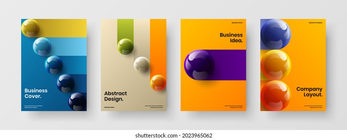 Geometric realistic spheres company identity concept bundle. Clean poster A4 vector design illustration composition.