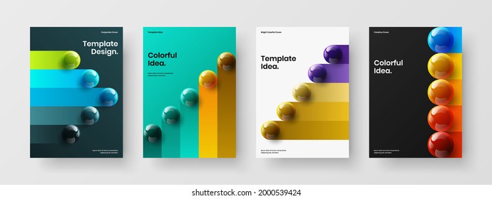 Geometric realistic spheres corporate identity template set. Clean handbill A4 vector design illustration composition.