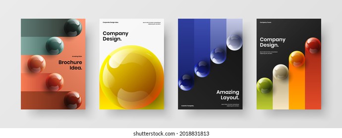Geometric realistic spheres front page layout bundle. Minimalistic company cover vector design concept set.