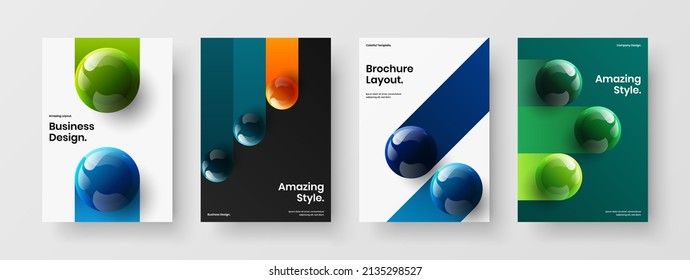 Geometric realistic spheres front page concept composition. Abstract company brochure A4 vector design template bundle.