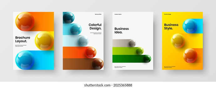 Geometric realistic spheres leaflet illustration collection. Bright corporate cover A4 vector design layout bundle.