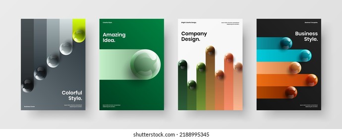 Esferas geométricas realistas composición de la ilustración del folleto. Paquete de plantilla de vectores de diseño de póster A4 Vivid.