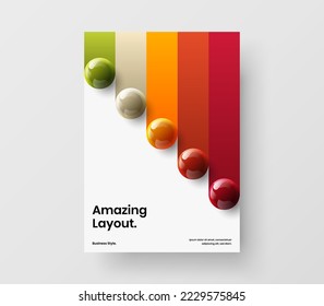 Diseño de folletos de esferas geométricas realistas. Concepto de diseño de vector A4 de cubierta minimalista.