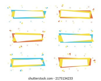 Geometric rectangle discount sticker collection, abstract isolated sale frame, festive web promo label with confetti, horizontal color promotion bubble set, flat trendy price banner, vector graphic