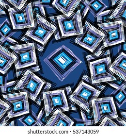 Geometric rectangle mandala pattern. Hand drawn fashion pattern. Winter cold colors romb pattern.