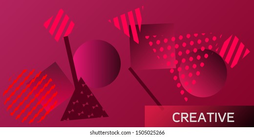 Geometric red abstract background with trendy isometric shapes. Minimal universal banner templates in memphis style. Minimalistic red background design with dynamic shapes. Vector illustration.