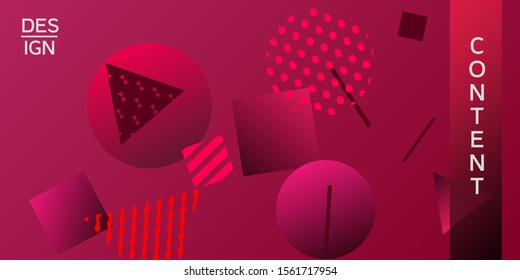 Geometric red abstract background with trendy isometric shapes. Minimal universal banner templates in memphis style. Dynamic composition. Vector illustration.