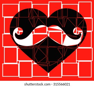 Geometric red background with black heart silhouette together and mustache illustration together vector  pattern. fashion and graphic design, Valentines day and fashion trends Special t shirt print