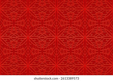 Geometric red background, tribal cover design, banner for design. Ethnic exotic 3D pattern, art deco. Relief ornaments, arabesques, mandala. Motives of the East, Asia, India, Mexico, Aztec, Peru.