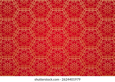 Geometric red background, tribal cover design, banner. Ethnic golden floral 3D pattern, gold texture. Ornaments, arabesques, mandala. Motifs of the East, Asia, India, Mexico, Aztec, Peru.