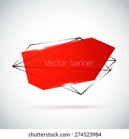 Geometric red banner inside poligonal mesh on white background. Abstract form with connected lines.