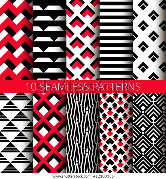 Geometric Red Black White Seamless Patterns Stock Vector