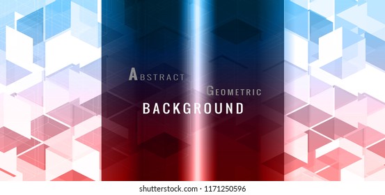 Geometric red and blue cube block graphic template with light pink and blue color on sci fi black space background