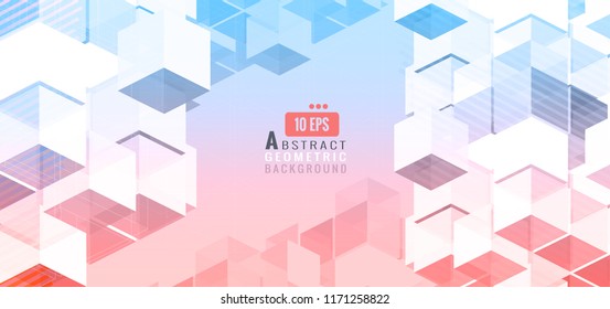Geometric red and blue cube block graphic template on light pink and blue color space background
