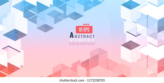 Geometric red and blue cube block graphic template on light pink and blue color space background