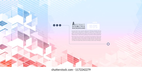 Geometric red and blue cube block graphic template on light pink and blue color space background