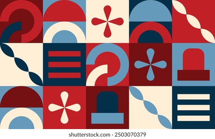 Geometric red, blue, and white collage artwork background design vector