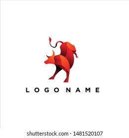 geometric red bull logo design vector, combined red and orange color in black background. change able color and work well in both dark and light background