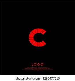 geometric red C logo letter with abstract stripe lines design concept