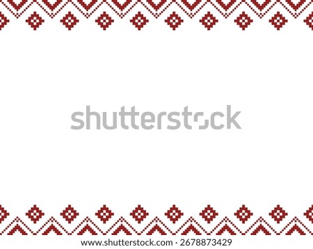 Geometric red cross-stitch border design on white background. Ideal for embroidery projects, ethnic patterns, holiday crafts, textile prints,folk art decorations.