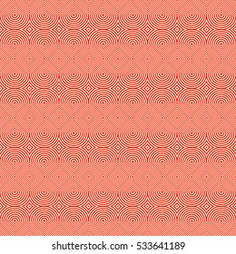 Geometric red figures on yellow background. Rhombuses and semicircles surface pattern design. Seamless symmetric shapes abstract. Striped wallpaper. Digital paper for web design. Vector illustration