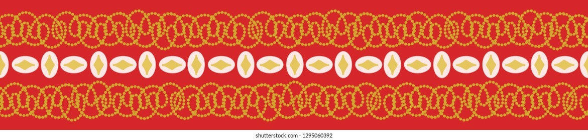 Geometric red and gold repeat seamless border, perfect for Chinese New Year designs, fashion, paper items or home decor use. Celebrate the culture of China with this pretty vector border.