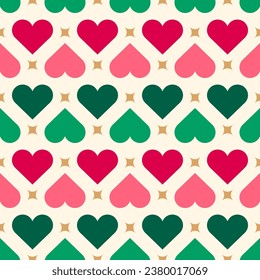 Geometric red and green heart seamless pattern design for Christmas and new year background.