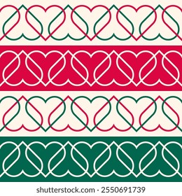 Geometric red and green heart stripes pattern design for Christmas and new year background.