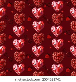 Geometric Red Hearts and Love Symbols Pattern. Seamless Romantic Pattern with Polygonal Hearts and Infinity 