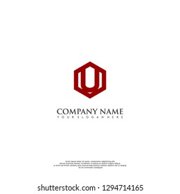 geometric red hexagon U logo letter design concept