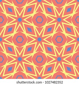 Geometric red orange seamless pattern. Bright background with blue and yellow design for wallpapers, textile and fabrics