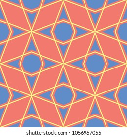 Geometric red orange seamless pattern. Bright background with blue and yellow design for wallpapers, textile and fabrics