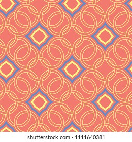 Geometric red orange seamless pattern. Bright background with blue and yellow design for wallpapers, textile and fabrics