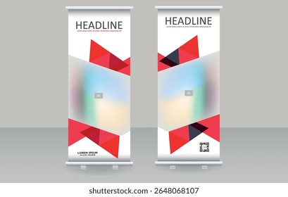 Geometric Red Roll-Up Banner Template for Modern Business and Events. Perfect for digital marketing, branding presentations, trade shows, and business promotions.