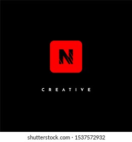 geometric red rounded square with clawed N logo letter simple design concept isolated on black background. 