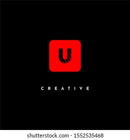 geometric red rounded square with clawed U logo letter simple design concept isolated on black background. 