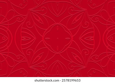 Geometric red satin background, tribal cover design, banner. Openwork 3d pattern, embossing, vintage. Ethnic texture, ornaments, arabesques, mandala of the East, Asia, India, Mexico, Aztec, Peru.